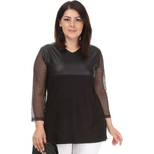 Hanezza Plus Size Mesh Leather Detailed Bluz