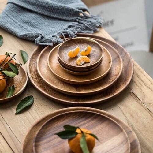 Round Solid Wood Tray Tableware Sets Trinket Dish Set Sushi Fruit Tea Tray Dessert Plates Acacia Wooden Dinner Breakfast Plates