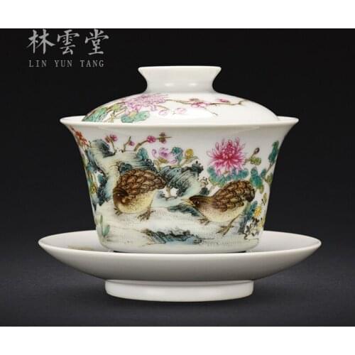 Lin Yuntang tureen bowl tureen large tureen jingdezhen powder enamel cups of high-grade tea