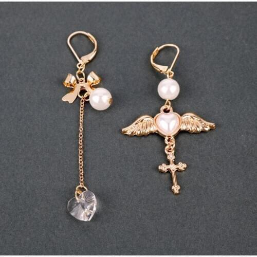 MQCHUN Fashionable women angel wings Peach heart cross imitation pearl earrings anime cardcaptor sakura drop earrings jewelry
