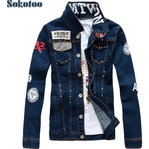 Sokotoo Mens slim English flag patch design rivet jean jacket Casual dark blue washed denim coat Outerwear