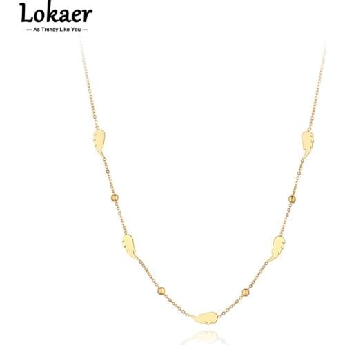 Lokaer Bohemia Style Titanium Stainless Steel Choker Necklace For Women Girl CZ Crystal 5Pcs Wings Charm Chain Necklace N21150