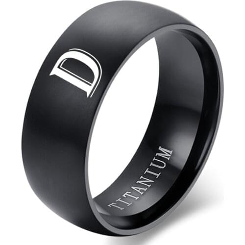 Personalised Initial Men Ring Engrave White A to Z Alphabet Stainless Steel Signet Blank Plain Ring Band Black Tone U.S.Size