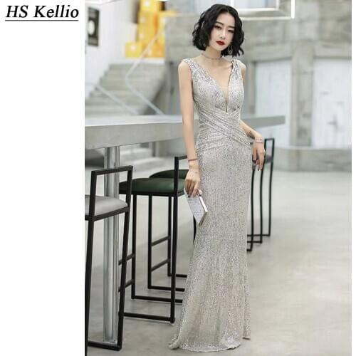 Prom-Dress-Silver Sexy Sleeveless Formal Party Gown Sequined Sparkle Mermaid Evening Party Gown