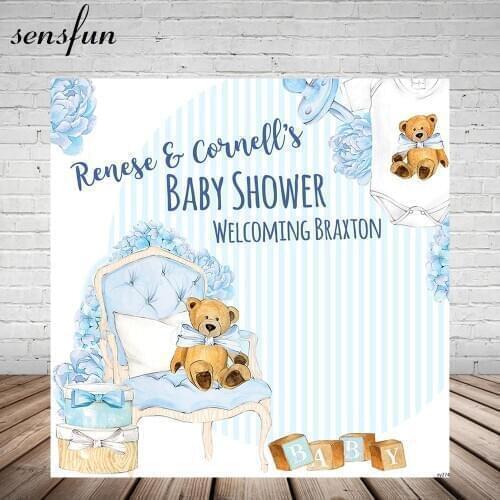 Sensfun Baby Shower Backdrops For Photo Studio Light Blue Theme Bear Chair Flowers Kids Newborn 1st Birthday Party Backgrounds