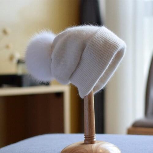Hat Women Winter Angora Knit Real Fur Pompom Beanie Autumn Warm Skiing Accessory For Teenagers Outdoors Luxury