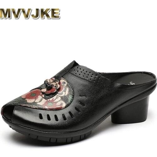 MVVJKE2020 Summer Peep-Toe Womens Genuine Leather Slippers Ladies Hollow Out With Flower Shoes For Women Plantform Flip Flops