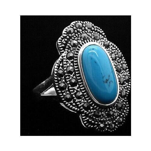 Good Bridal Wedding 24*16mm Vintage Style Blue turquoise Marcasite Ring Size 6/7/8/9