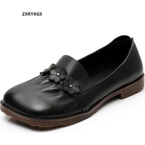 2021 New Spring Square Toe Loose Comfortable Womens Shoes Flat Shoes Non-slip Large Size Classic Flowers Genuine Leather Shoes