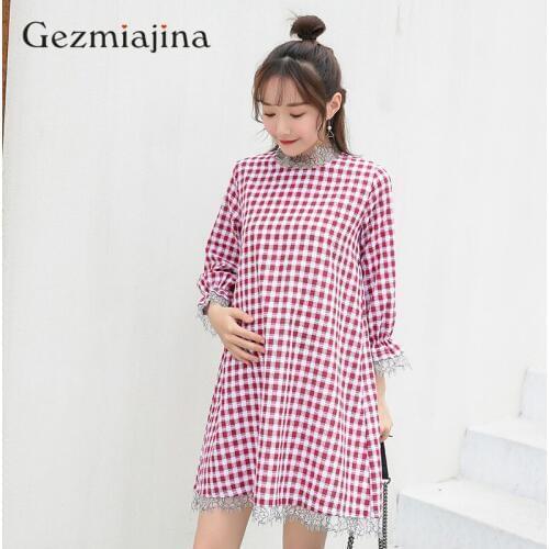 Spring pregnant womens clothes new style maternity Plaid Dress Pregnancy wear dress three quarter sleeve dresses plus size