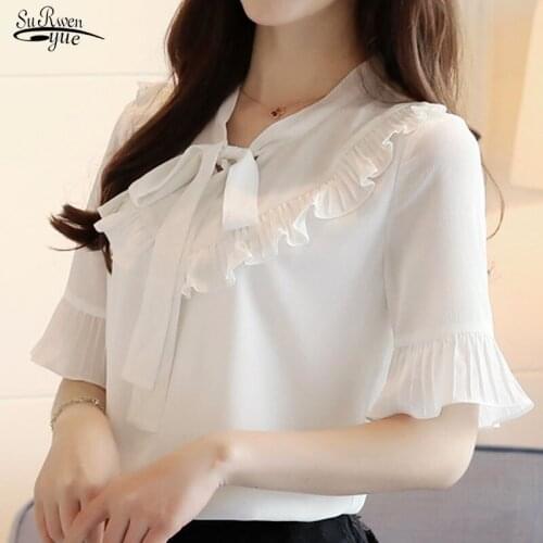 Harajuku Bow Solid O-Neck Butterfly Sleeve Women Tops and Blouses 2021 Chiffon Blouse Ladies Tops Beautiful Shirt Blouse 3046 50