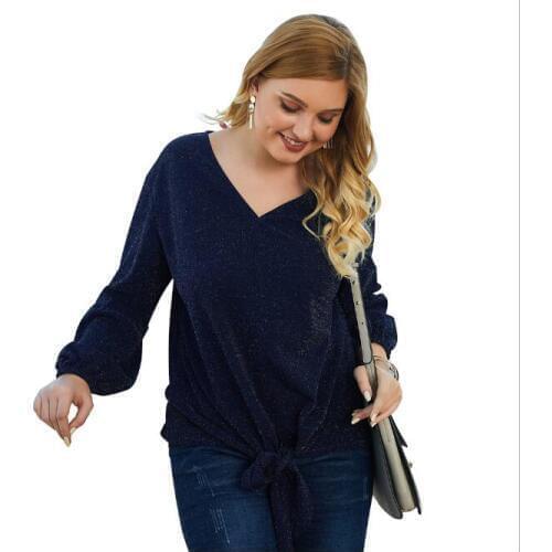 Spring V-Neck Long Sleeve TShirt Femme Sequined Loose Autumn Patchwork Plus Size 3XL 4XL Tops Casual Knitted Tees Women CL246