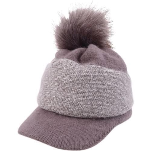 Women Winter Thick Warm Fuzzy Knit Beanie Cap with Visor Pompom Baseball Cap