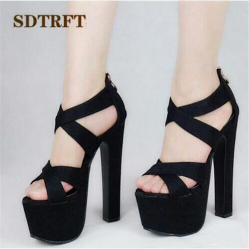 SDTRFT summer 17cm ultra high Thick heel sandals black platform cross strap pumps sexy womens shoes Eur 34-38 39 drop shipping