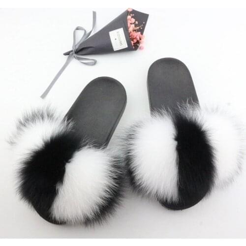 New Womens Casual Furry Fur Flip Flops Real Fox Fur Sandals Lady Fluffy Slides Womens Plush Flat Slippers Outdoor Sandals