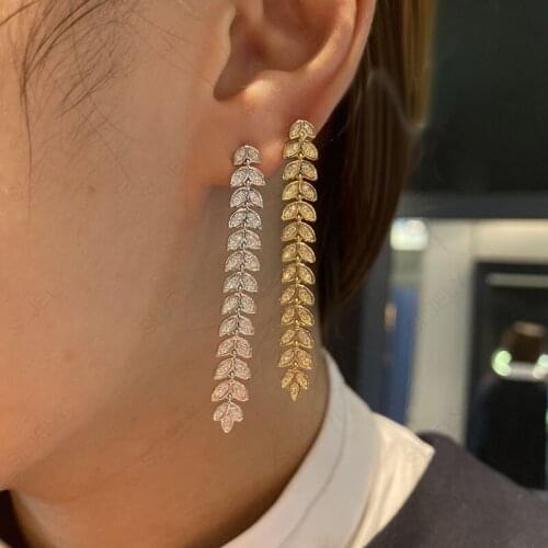 SLJELY High Quality Fashion 925 Sterling Silver Yellow gold color Paved Zircon Stones Palm Leaf Dropping Earrings for Women