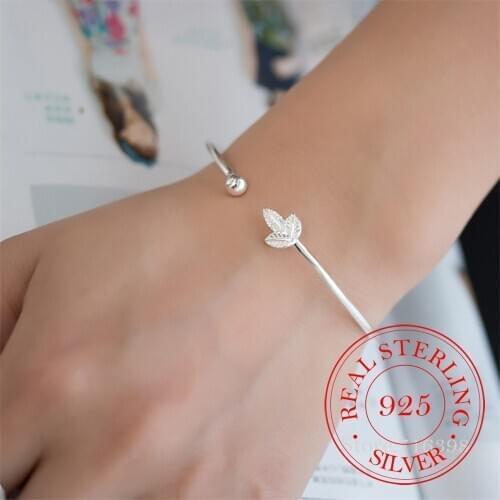Fashion 925 Sterling Silver Jewelry Female Simple Leaf Bangle&Bracelet For Women Cuff Bangles pulsera de plata