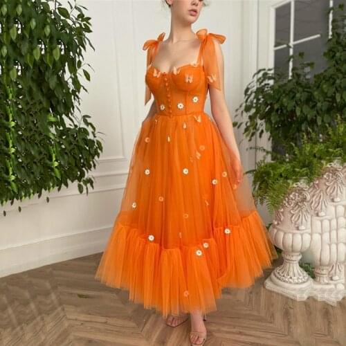 Vintage Orange Prom Dresses Short 3D Flowers Lace Wedding Party Dress Ties Bow Plus Size Formal Party Gowns Women Couture