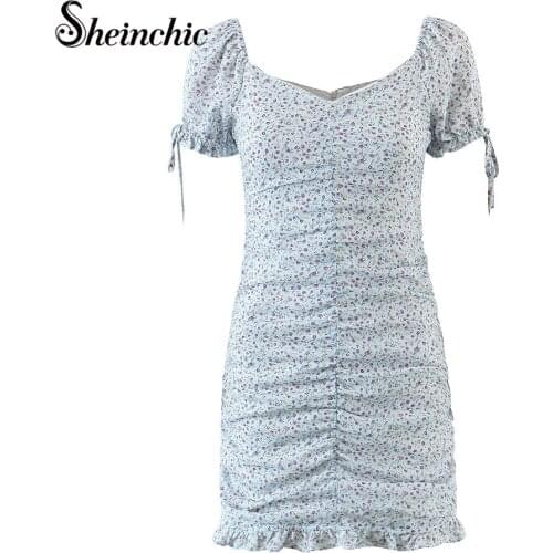 Korean Vestidos De Mujer Casual Elegant Ruffles Short Sleeve Blue Floral Printed Mini Dresses for Women Summer 2021