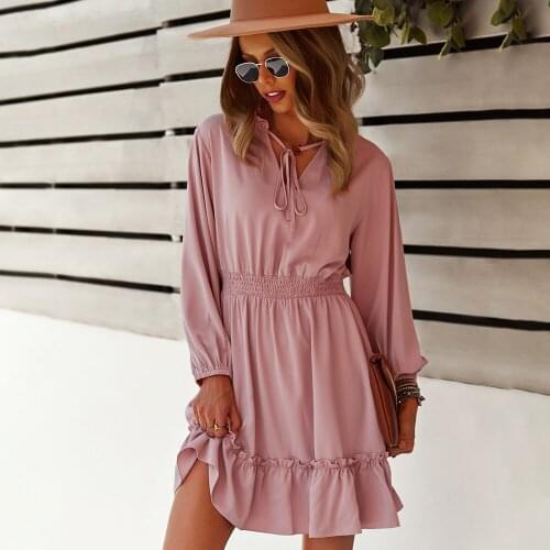 Jastie Tassel V-Neck Long Sleeve Women Dress Ruffle Hem Solid Color A-line Dresses Bohemian 2021 Autumn and Winter Short Dress
