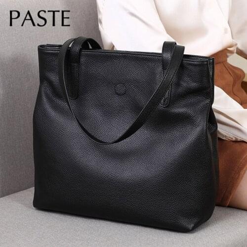 2020 Original Natural Leather Women Handbag Vintage Simple Design Solid Cowhide Leather Shoulder Bags Large Tote Bucket Bags