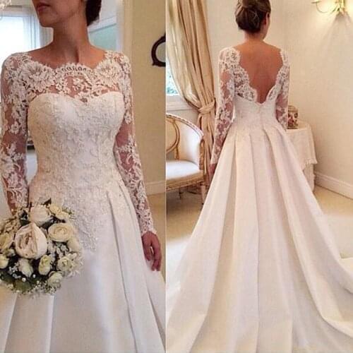 2021 Fanty Jewelry Neck Long Sleeves Lace Applique Bodice Court Train Wedding Dress Open Back Sexy Bridal Gowns vestido de noiva
