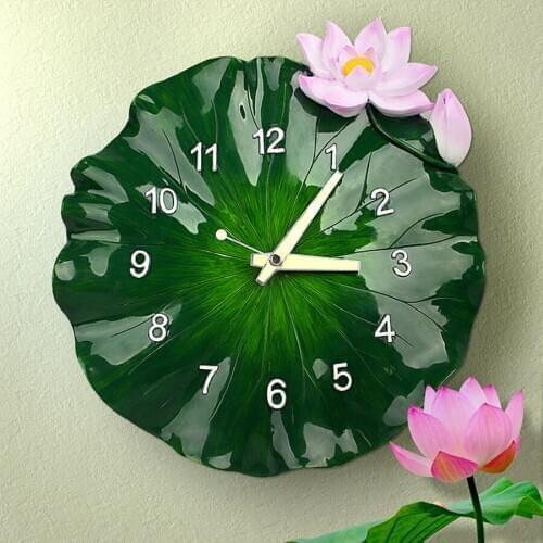 3D creative art green lotus wall clock modern design mute rural kitchen clock art neoclassical mute retro resin wind wall clock