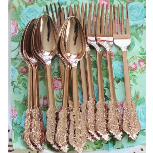 6pcs/set High Grade Disposable Tableware Rose Gold Knife Fork Scoop Plastic Dinnerware Set Christmas Wedding Party Deco Gift
