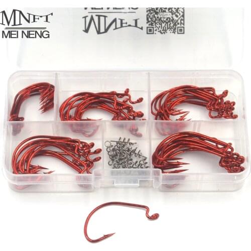 MNFT 60Pcs Red Crank Hooks+15Pcs Soft Lure Connector/Set High Carbon Steel Size 1# 2# 1/0# 2/0# 3/0# Soft Worm Bait Fishing Hook