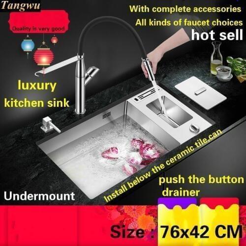 Free shipping Standard push the button - drainer big luxury kitchen manual sink single trough stainless steel hot sell 76x42 CM