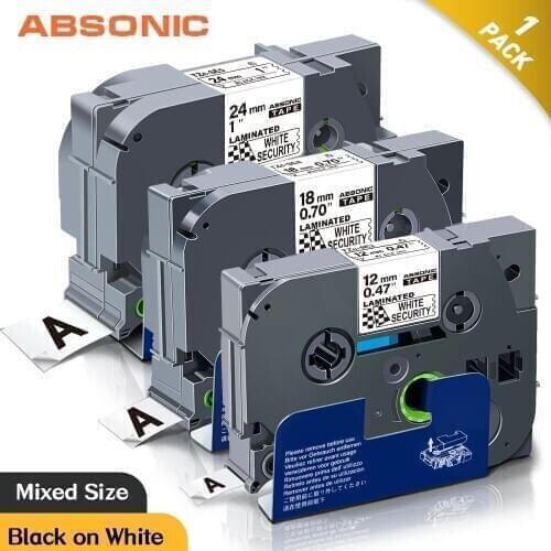 Absonic 1PK 12/18/24mm TZ-SE3 TZE-SE3 TZE-SE4 TZE-SE5 Security Label Tape Black on White Replace for Brother P-touch Label Maker
