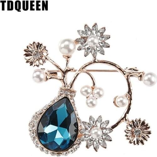 Big Crystal Flower Brooches and Pins Gold Color and Silver Plated Metal Big Water Drop Crystal Pearl Brooch for Women