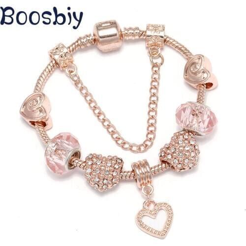 Boosbiy Rose Gold Snake Chain Charm Bracelet With Heart Charms Beads Fits Brand Bracelet for Women Simple Jewelry Gift