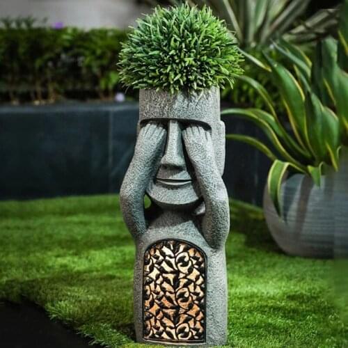 No See/Hear/Speak Evil Garden Easter Island Statue Flower Pot with LED Light Sculpture Planter Outdoor Yard Patio Decoration