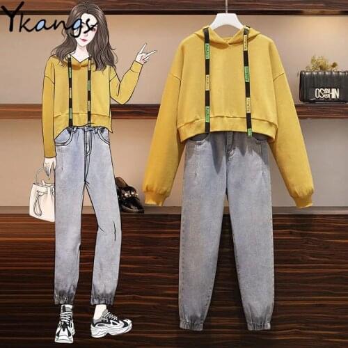Womens Hooded Print Plus Size 4XL Clothes Solid Color Bundled Jeans Loose Ladies Student 2-piece Set All-match Harajuku Casual