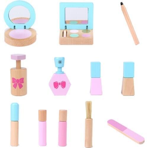 FBIL-12PCS Kids Wooden Pretend Role Play Makeup Beauty Playset Funny Simulation Cosmetics Toy Makeup Accessory for Girls Gift