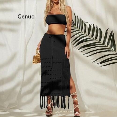 Boho Hollow Out Beach Skirt Sets Women Beach Two Piece Set Hollow Bikini Blouse Wrap Chest Long Skirt Lace-Up Tassel Beachwear