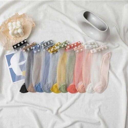 Summer Women Pearl Ultra-thin Socks Transparent Cass Glass fiber Silk Sexy Lace Socks Fashion daisy Ankle Short