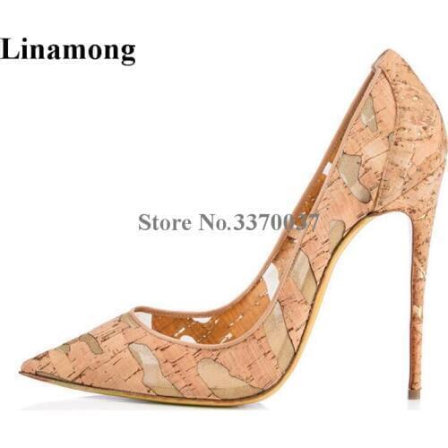 Spring Hot Selling Women Classical Style Nude Splice Mesh Super High Heel Pumps 12cm Stiletto Heel Cork High Heels Dress Shoes