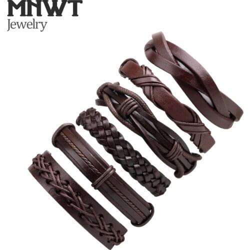 MNWT Fashion Vintage Leather Bracelet Hand-knitted Multi-layer Bracelets 6Pcs/ Set Leather Rope Chain Bangles Male Gift