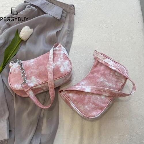 Youth Ladies Simple Versatile Bag Vintage Tie Dye Canvas Printed Shoulder Handbag Casual Female Denim Purse Zipper Underarm Tote