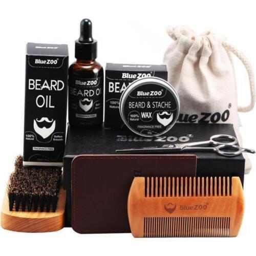 Men Beard Oil Set With Beard Oil,Wax,Comb,Brush,Bag,Beard Cream Scissors Grooming Trimming Male Styling Shaping Moisturizing Kit