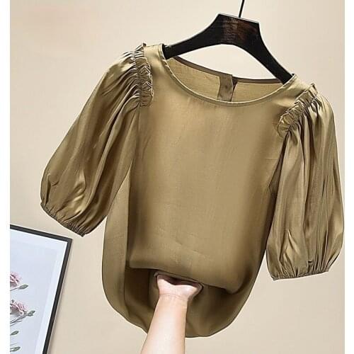 Solid Ruffle Puff Sleeved Women T-Shirts Summer Vintage 2021 O-Neck Slim Elegant Office Lady Pulls Outwear Tops