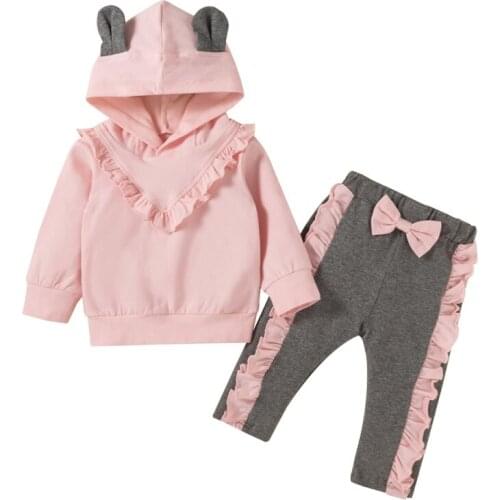 Autumn Cute Baby Girls Clothing Set Instagramable Fashion Stitching Hooded Sweater + Trousers 0-24M