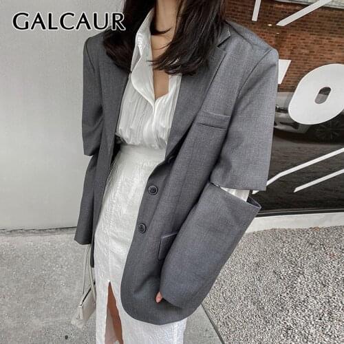 GALCAUR Korean Fashion Cut Out Blazers For Women Notched Collar Long Sleeve Solid Vintage Jackets Female Clothing 2021 Autumn