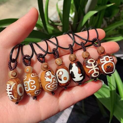 Ancient Natural Tibetan Dzi Agates Pendant Necklace Guanyin Noble God of Wealth Coffee Agat Stone Necklace for Women Men Healing