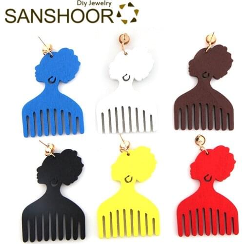 SANSHOOR Printing Afro Comb Wood Drop Earrings African Woman Headwrap Tribe Bohemian Jewelry 6 Colors for Blacks' Gifts 1 Pair