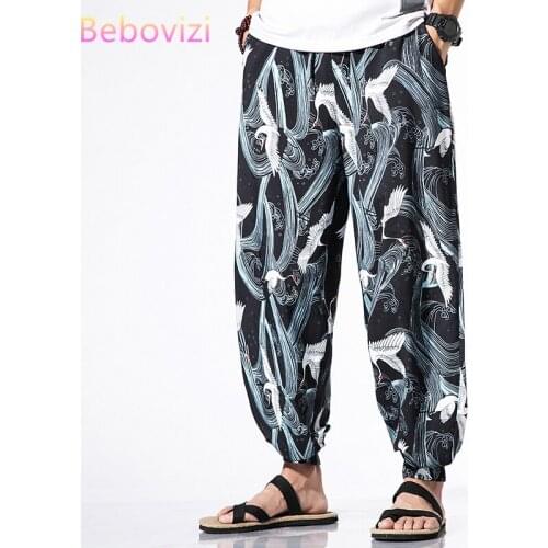 Plus Size M-5XL Japanese Kimono Traditional Crane Print Long Pants Haori Asian Costume Beach Casual Loose Japan Style Men Yukata