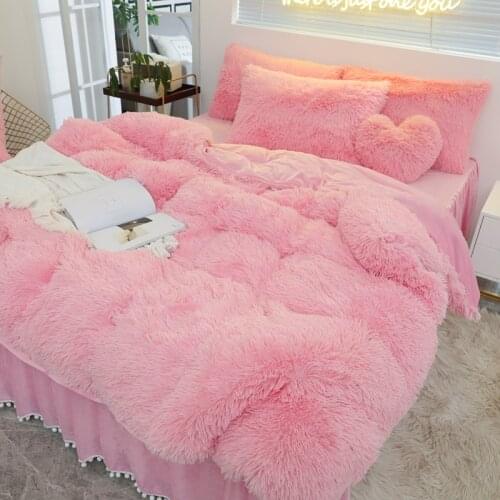 Luxury Pure Color Plush Shaggy Warm Fleece Girl Bedding Set Mink Velvet Double Duvet Cover Set Bed Skirt Pillowcase Home Textile