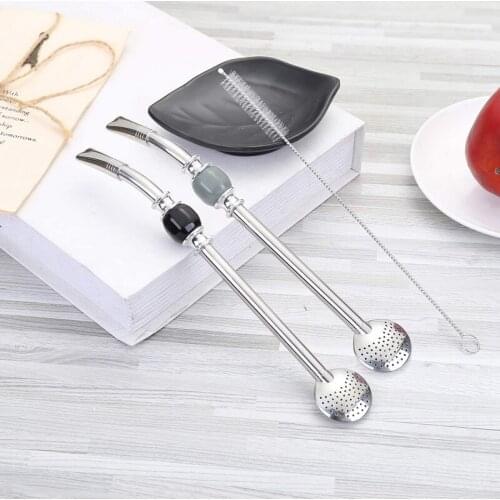 Yerba Mate Bombillas Removable Head Filter Set of 2 Removable Straw Brush Stainless Steel Spoon Straw 8.6 Inch